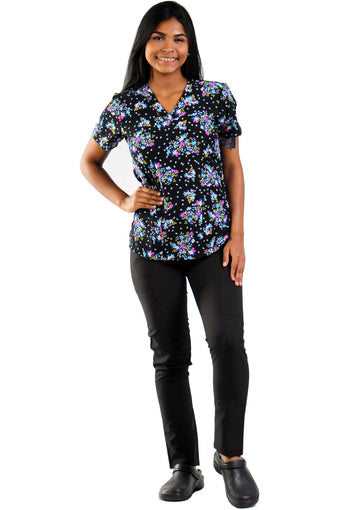 Camisa estampada Negra con flores azules y rosadas Printed